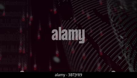 Streaming binary digits cascading over code columns in digital system, with curved binary patterns Stock Photo