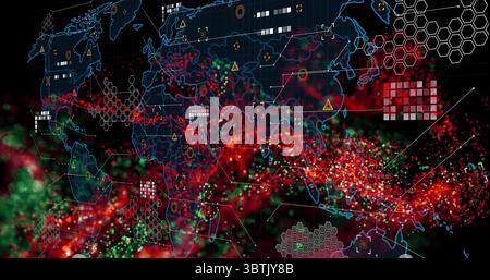 Displaying digital global map with red and green data points in virtual interface, hex grid overlay Stock Photo