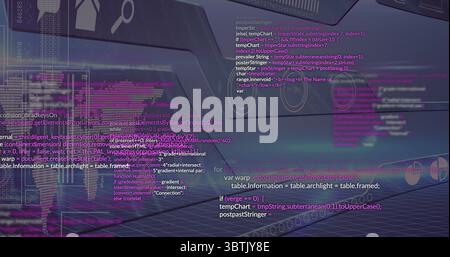 Displaying programming code and UI icons floating across virtual workspace, with glowing grid floor Stock Photo
