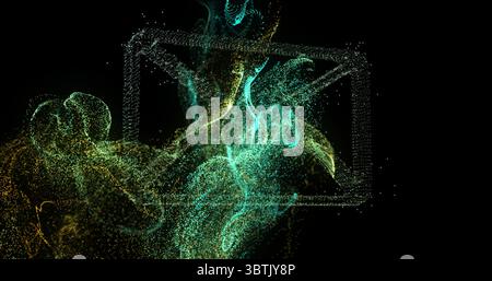 Swirling clusters of glowing particles forming rectangular frame in digital void, evoking portal Stock Photo