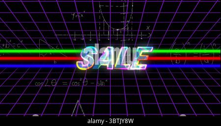 Displaying neon SALE text on purple grid space, with green and red bars and math formulas Stock Photo