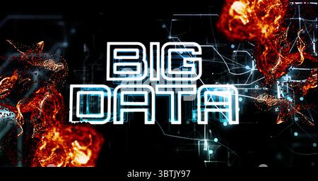 Displaying glowing BIG DATA text in dark grid backdrop, showing neon network nodes and fiery sparks Stock Photo