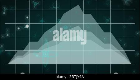 Displaying layered area graphs rising and falling on dark teal grid, with glowing nodes Stock Photo