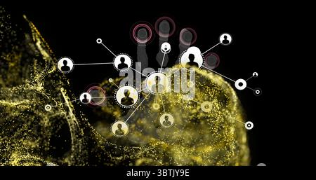 Displaying golden particle head silhouette connecting user icon nodes with rings in interface Stock Photo