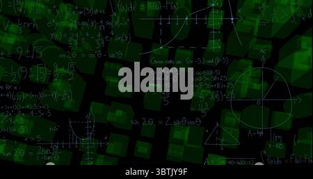 White math formulas and graphs floating over digital matrix, with semi-transparent green cube grid Stock Photo