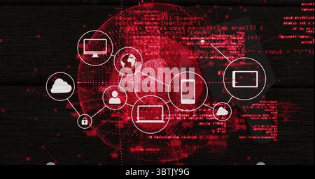 Displaying network diagram connecting white icons over dark wood, red wire globe and code snippets Stock Photo