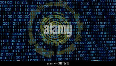 Gold circular interface rotating in data screen, with binary code and geometric interface elements Stock Photo