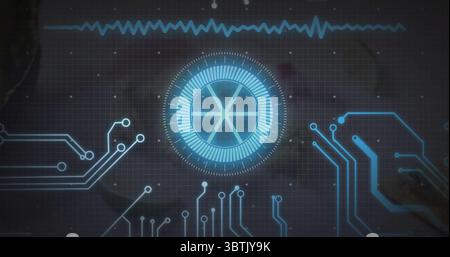 Displaying circular interface hovering over grid in dashboard, with cyan waveform and circuit lines Stock Photo