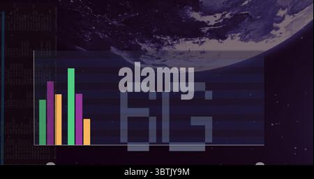 Displaying colorful bar chart and 6G glyph over Earth horizon in star field, with code overlay Stock Photo