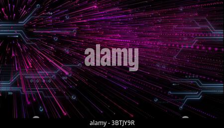 Streaming neon pink and purple beams across cyberspace, showing circuit overlays with glowing nodes Stock Photo