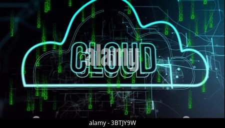 Glowing neon-blue cloud icon illuminating digital environment, with streaming green binary digits Stock Photo