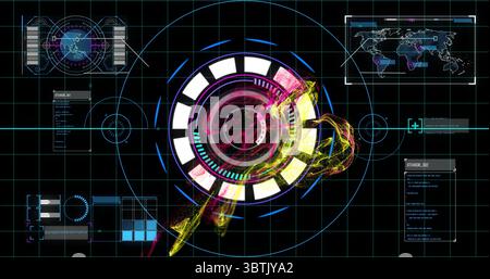 Displaying central HUD graphic floating in virtual interface with particles, map widgets and gauges Stock Photo