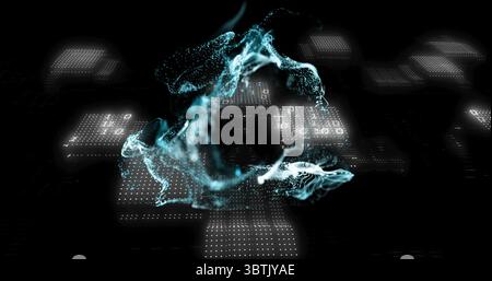 Swirling holographic particle wave hovering above dark digital void, with illuminated grid panels Stock Photo