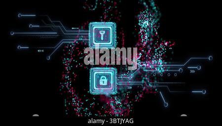 Displaying holographic key and padlock icons floating in digital space, with swirling data streams Stock Photo