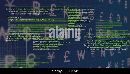 Displaying programming code overlaying currency symbols on computer screen, with coding interface Stock Photo
