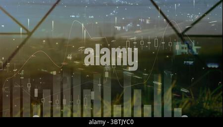 Displaying financial chart overlay covering nighttime highway with skyline, with light trails Stock Photo