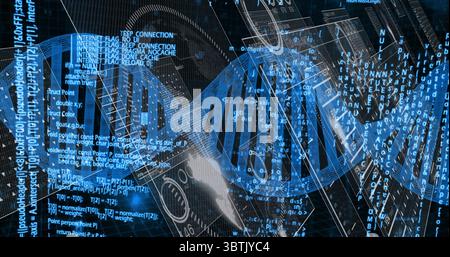 Displaying DNA double helix twisting in digital interface, with programming code and data streams Stock Photo