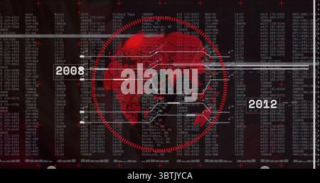 Displaying red round world map graphic linking US city labels on HUD interface, with timeline bars Stock Photo
