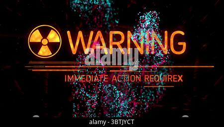 Displaying warning text glowing in control panel, with data bars, radiation icon and neon particles Stock Photo