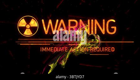 Flashing warning display with radiation symbol glowing WARNING IMMEDIATE ACTION REQUIRED neon smoke Stock Photo