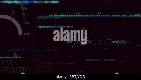 Displaying data interface on dark background, with waveforms, binary streams, circular gauge Stock Photo