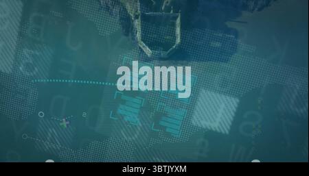 Displaying metal frame floating over teal interface, with dotted world map and turquoise bar charts Stock Photo