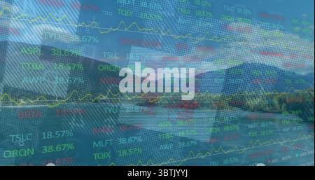 Displaying translucent overlay over mountain lake, showing stock tickers values and yellow charts Stock Photo