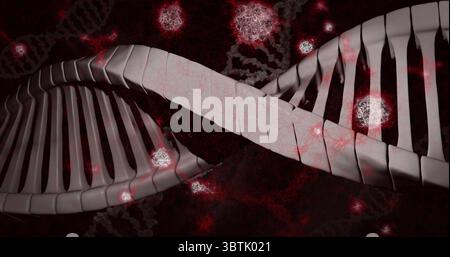 Twisting DNA helix floating in molecular visualization, with glowing red particles and grey chains Stock Photo