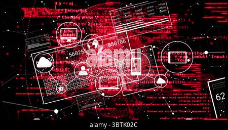 Visualizing cloud storage avatar icons and code windows floating on red matrix, with data panels Stock Photo