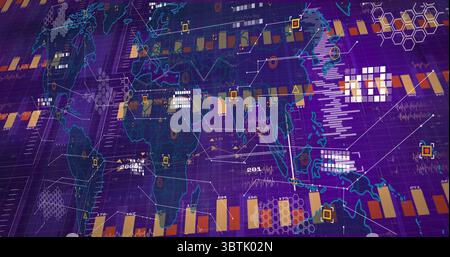 Displaying neon world map projecting bar charts on control room display, with hex grids and nodes Stock Photo
