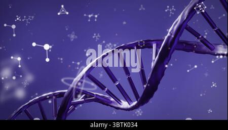 DNA double helix twisting in virtual space, with floating molecular, atom and bond icons Stock Photo