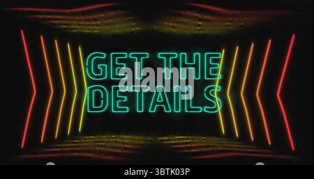 Glowing teal neon text sign mirroring in digital corridor, with red orange yellow neon arrow shapes Stock Photo