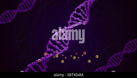 Twisting purple DNA double helix spiraling over dark purple backdrop, with floating emoji icons Stock Photo