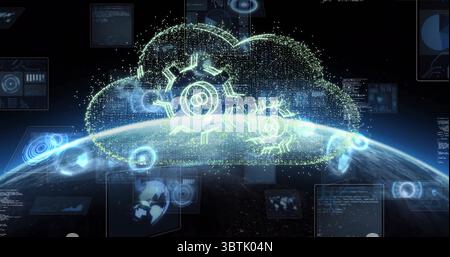 Hovering 3D digital cloud icon with gear symbols glowing above Earth surface, with floating screens Stock Photo