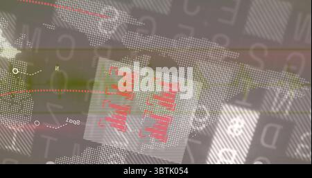Displaying central panel showing red bars on interface with world map, colored lines and data nodes Stock Photo