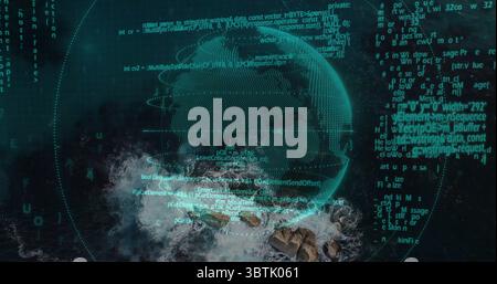 Hovering wireframe globe floating over rocky coastline, with code streams and grid overlays Stock Photo