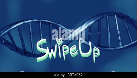 Showing glossy DNA double helix twisting across blue gradient field, with Swipe Up text Stock Photo