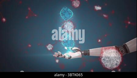Showing robotic arm and hand holding glowing DNA helix in lab, with floating molecules and viruses Stock Photo