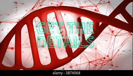 Displaying red DNA helix curving through digital network background, with glowing teal text Stock Photo