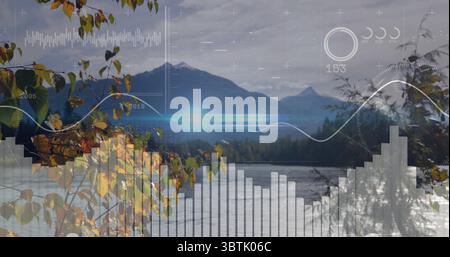 Displaying digital overlay with charts hovering at lakeshore, with forest, branches and mountains Stock Photo