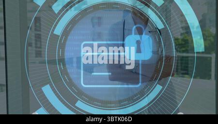 Woman in white top interacting with turquoise HUD on home balcony, with credit card padlock icon Stock Photo