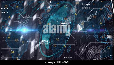 Displaying world map with hex grid and data nodes in control room with caution icons Stock Photo