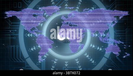 Showing purple world map over circular HUD on network interface glowing 5G, arrows, circuit traces Stock Photo