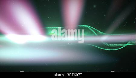 Displaying green dotted waveform intersecting white light streak in void, pink columns, particles Stock Photo