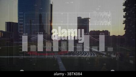 Displaying transparent overlay across dusk park lawn seating and skyscrapers, with bars and lines Stock Photo
