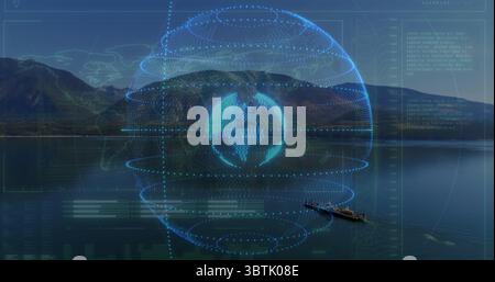 Hovering holographic globe projecting digital data over alpine lake, with tourists rowing boat Stock Photo