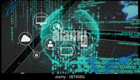 Floating digital globe and connected icons appearing in network interface, with cascading binary Stock Photo