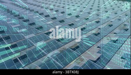 Displaying reflective solar panels streaming real-time analytics data on rooftop, with HUD overlays Stock Photo