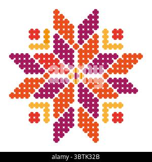 Embroidery star pattern. Folk ornament design. Colorful pixel art. Vector traditional motif Stock Vector