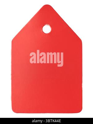 blank small red cardboard price tag with hanging hole isolated white background, designed for hanging or attach with string or thread, copy space Stock Photo